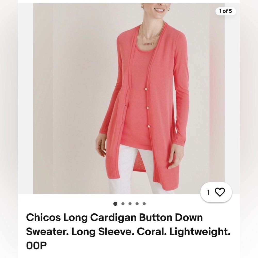 Chicos Coral long sleeve cardigan light weight button down sweater